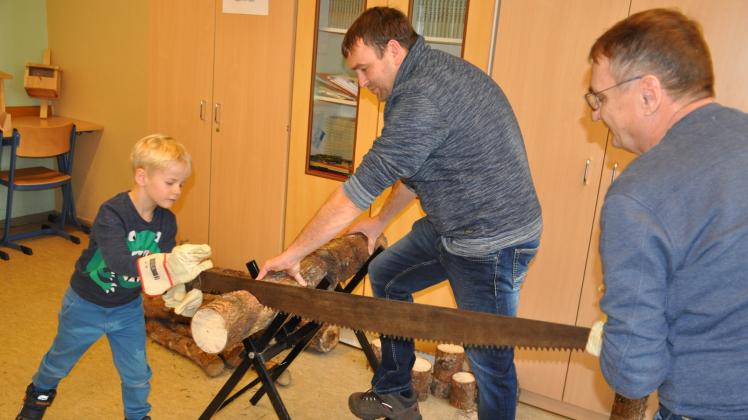 Versucht sich im Werkraum als Waldarbeiter: Der sechsjährige Mattheo zersägt mit Lehrer Bela Schmidt (r.) einen Baumstamm. 