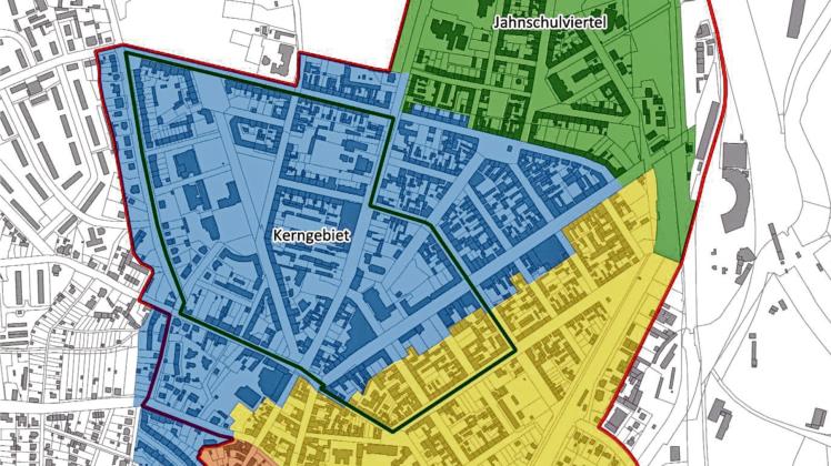 Grün umrandet ist das Quartier „Neue Stadtmitte“. Grafik: Stadt Wittenberge