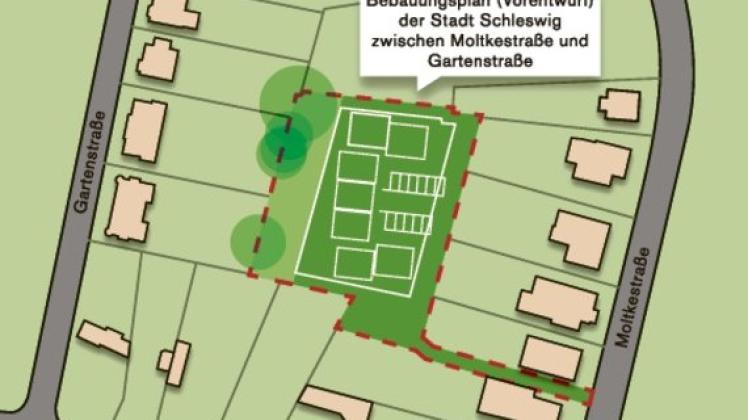 Die Lage: Insgesamt ist das Areal 3000 Quadratmeter groß. Links ist ein Grünstreifen vorgesehen. Die Zufahrt zu den Parkplätzen erfolgt über die Moltkestraße.