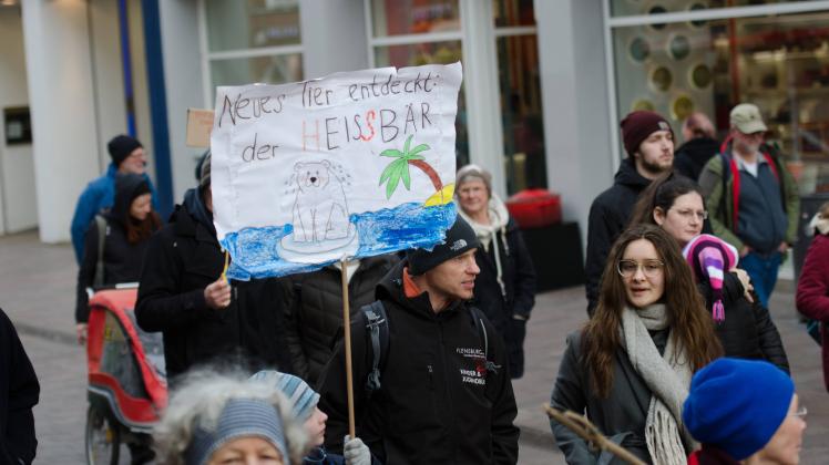 FridaysForFurture Flensburg Schülerstreik Junger Demonstrant hält Transparent hoch mit der Aufschrift Neues Tier entdeck