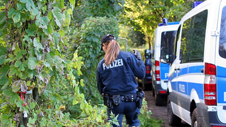 30 Beamte der Bereitschaftspolizei durchkämmen Teile des Naturschutzgebiets Höltigbaum. Foto: Wüst