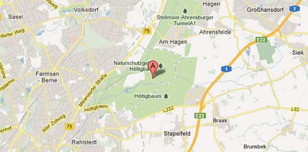 Das Naturschutzgebiet Höltigbaum liegt auf der Grenze zwischen dem Hamburger Stadtteil Rahlstedt und Schleswig-Holsteins Kreis Stormarn. Karte: Google