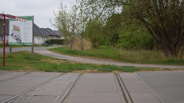 In der Straße beim Feuerwehrhaus liegen noch die Gleise, ansonsten ist der alte Bahndamm zugewuchert. 