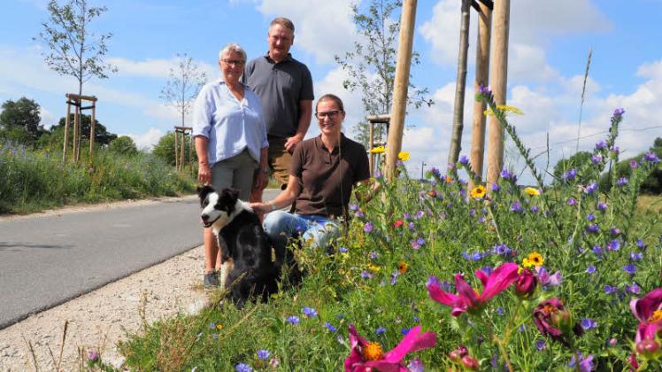 Heike Reimers (v.l.), Axel Lamp und Tina Hamann erfreuen sich an ihrer selbst angelegten neuen Allee und den üppigen Blühstreifen. 