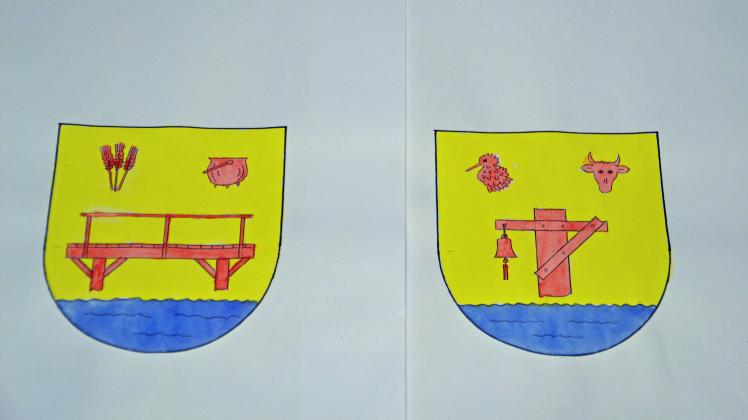 Der Fresendelfer Gemeinderat favorisiert wird das rechte der beiden Wappen-Vorschläge (darauf angedeutet: Anlegestelle mit Glocke, Vogel und Kuhkopf). 