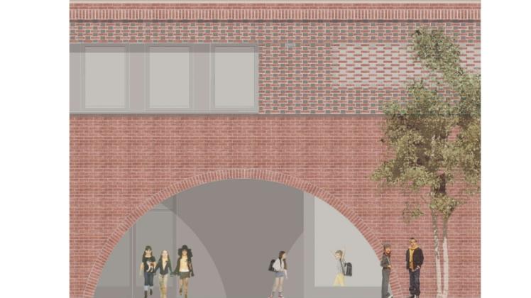 Eine Fassade aus rotem Klinker ist für den Anbau der Grundschule vorgesehen.  Zeichnung: Herbst Kunkler Architekten GmbH 