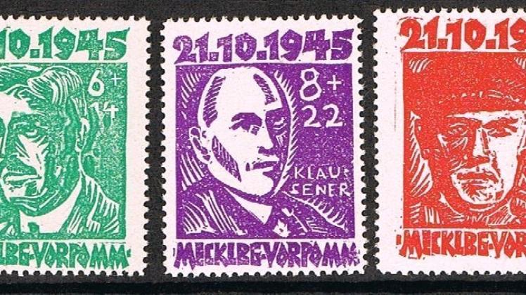 Entworfen von Herbert Bartholomäus, gedruckt in Ludwigslust: die erste Nachkriegs-Briefmarkenserie für Mecklenburg.   Repro: Piasecki 