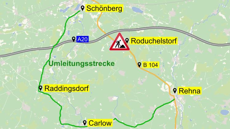 Vom 2. Oktober bis zum 17. Oktober ist die Bundesstraße 104 in Roduchelstorf wegen Straßenbauarbeiten voll gesperrt.