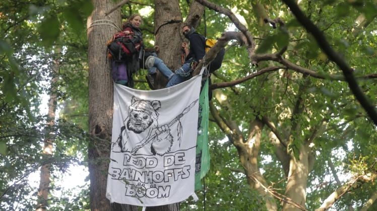 Die Aktivisten kletterten in luftige Höhen und brachten neben Bannern auch eine Plattform aus Holz an.