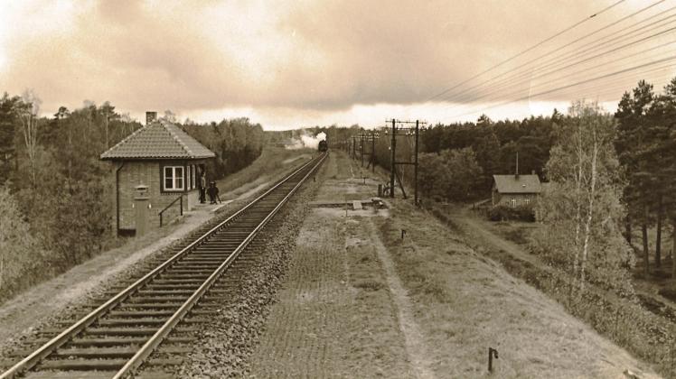 Das Foto zeigt den Posten 55 zwischen Hitzacker und Leitstade (Oktober 1940). Im Hintergrund ein Güterzug aus Richtung Lüneburg. Das Gebäude steht heute nicht mehr und die Waldkante ist bis ans Gleis heran gerückt. 