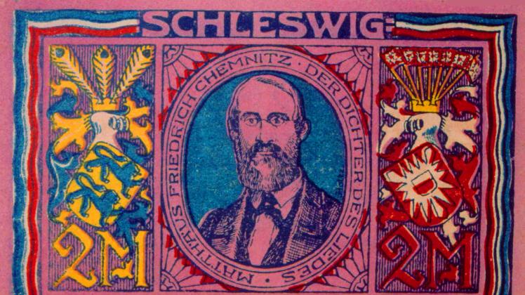 Chemnitz auf einem Notgeldschein 1922: Der Dichter des Schleswig-Holstein-Lieder war noch im frühen 20. Jahrhundert so populär, dass sein Porträt 1922 auf einem Notgeldschein gedruckt wurde.