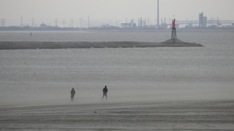 Ein ungewöhnliches Bild von der Hafenmole gesehen: Ebbe an der Elbe.