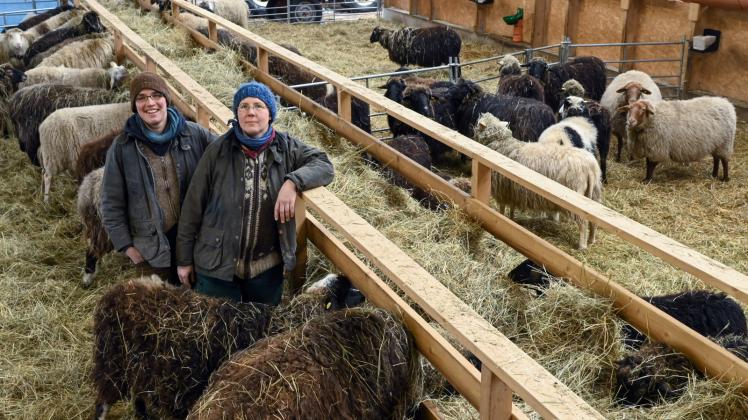 Amelie (l) und Franziska Wetzlar vom Milchschafhof Pimpinelle stehen mit ihren Schafen im neuen Stall. Amelie (l) und Franziska Wetzlar vom Milchschafhof Pimpinelle stehen mit ihren Schafen im neuen Stall.