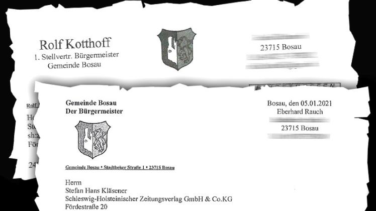 Die Briefköpfe haben eine auffällige Ähnlichkeit: Unten der offizielle Briefkopf der Gemeinde Bosau und oben der offenbar selbst gebastelte Briefkopf von Rolf Kotthoff. 