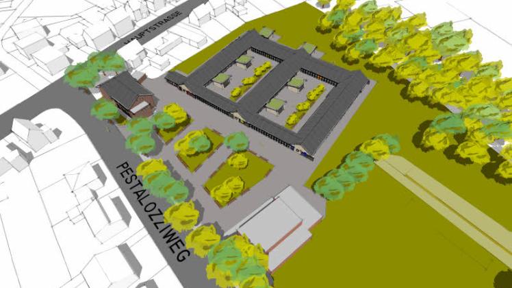 So sieht die Planungsskizze der künftigen Timm-Kröger-Schule aus der Luft aus. Die Sporthalle (vorne, hellgrau) und das alte Schulgebäude (an der Straßenfront links) sind nicht mit aufgenommen. 