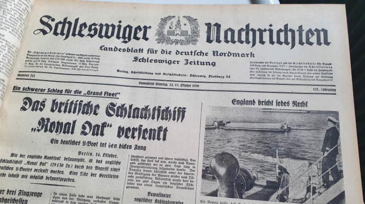 Die Ausgabe der Schleswiger Nachrichten vom 14./15. Oktober 1939. Hier wird England vorgeworfen, internationales Recht zu brechen. 