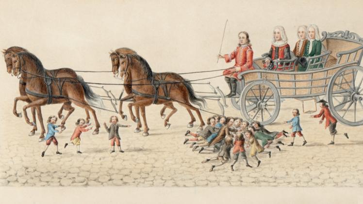 Dieser Ausschnitt aus einem Aquarell ist das früheste Bild des Martensmann-Brauchs. Es entstand um 1800 nach einer Bildbeschreibung von 1745 und zeigt den Martensmann und zwei weitere ehrbare Lübecker Bürger als Zeugen in der Kutsche. 