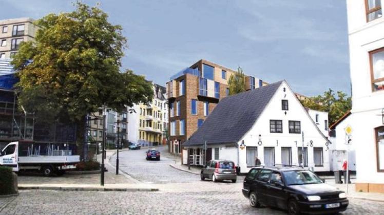 Großprojekt: Gleich hinter dem alten Spitzdach-Haus beginnt Skolegaarden, wie die Fotomontage verdeutlicht.