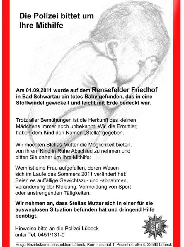 Wo ist Stellas Mutter? Mit diesem emotionalen Plakat hoffen die Ermittler auf neue Hinweise. Foto: Polizei Wo ist Stellas Mutter? Mit diesem emotionalen Plakat hoffen die Ermittler auf neue Hinweise. Foto: Polizei
