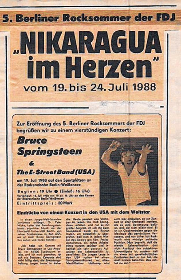 Viele glaubten im Sommer 1988 ihren Augen nicht, als sie das  lasen: „Bruce Springsteen und The E-Street-Band beim 5. Berliner Rocksommer der FDJ“. Foto: Grunert