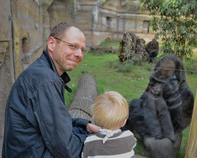 Assumbo findet neue Freunde: Als er den kleinen Moritz (3) mit Vater Andreas Speck (47) an der Scheibe sieht, setzt sich der Silberrücken zu ihnen. Nicole Pätzold Assumbo findet neue Freunde: Als er den kleinen Moritz (3) mit Vater Andreas Speck (47) an der Scheibe sieht, setzt sich der Silberrücken zu ihnen. Nicole Pätzold