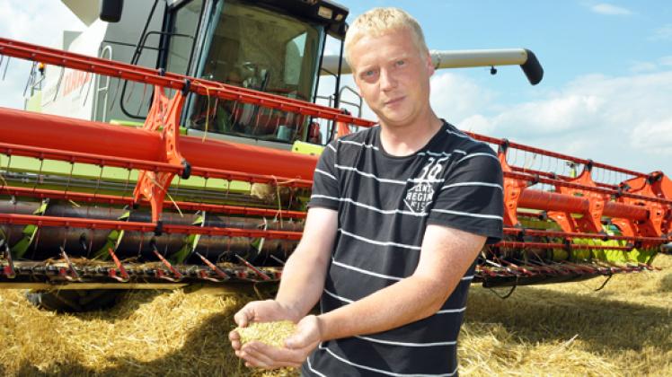 Der Mähdrescher ist voll. Matthias Finck muss auf dem Feld bei Dudinghausen ein wenig auf die Abfuhr des Getreides warten und hält das "Gold" des Bauern in den Händen.Regina Mai