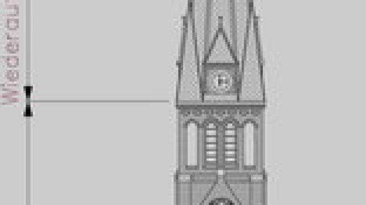 Westansicht der Kirche mit Turm nach der Sanierung. Zeichnung: IBS
