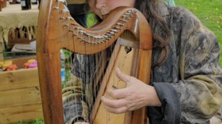 Martina Braun spielt auf einer kleinen keltischen Harfe.Hanno Taufenbach
