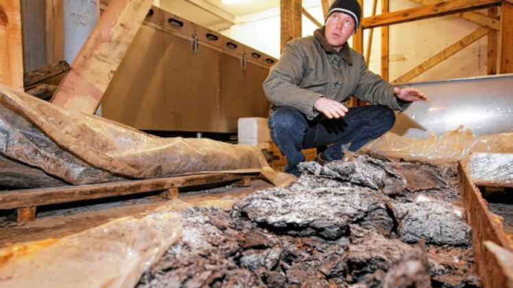 2009: Reste der bis zu 7000 Jahre alten Holzboote gezeigt von  Restaurator Lorenz Bartel  in einem Depot in Schwerin. Die drei Einbäume aus Stralsund waren im Jahr 2002 zur Konservierung den Landesarchäologen  übergeben worden - und zerbröselten.dpa