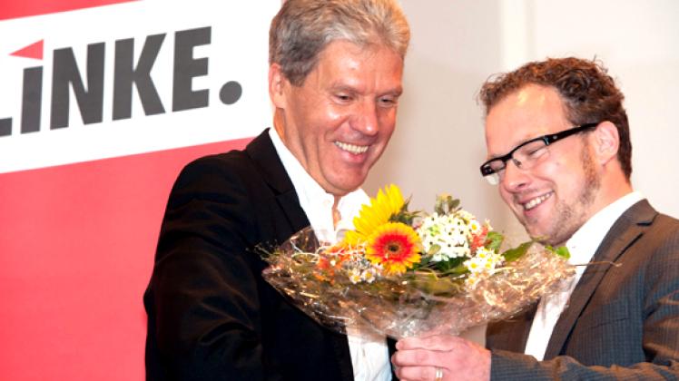 Landesvorsitzender Steffen Bockhahn (r.) und Fraktionsvorsitzender Helmut Holter wollen ihre Partei auf Opposition trimmen. dpa