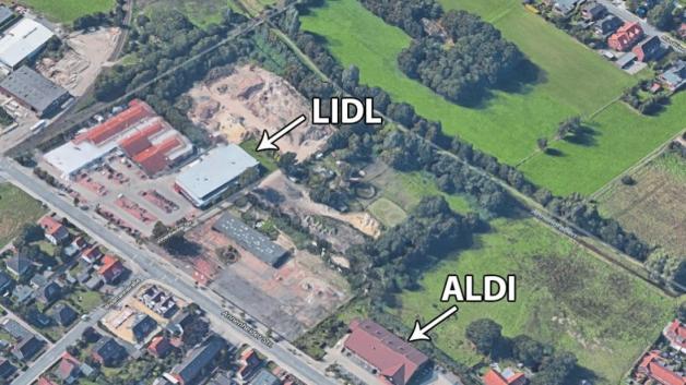 Die Stadt bremst die Ausbaupläne von Aldi und Lidl in Annenheide. Kartendaten: GeoBasis-DE/BKG, Google / Grafik: Jan Eric Fiedler