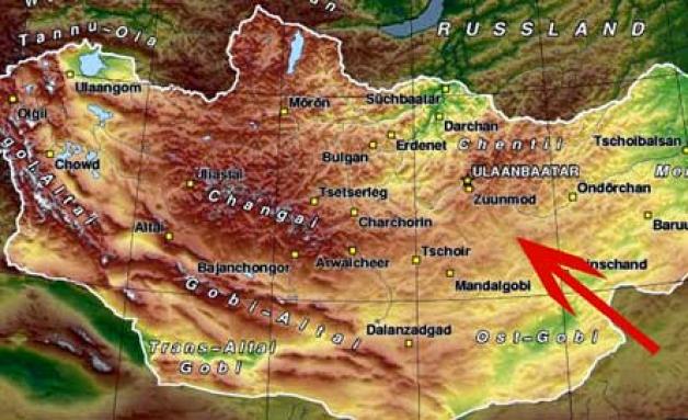 Die Mongolei. Der Pfeil zeigt, wo sich Sum Argalant befindet. Die Mongolei. Der Pfeil zeigt, wo sich Sum Argalant befindet.
