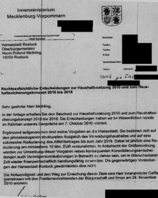 Der Mahnbrief: Schwerin legt drastische Sparmaßnahmen fest - unter anderem eine Haushaltssperre.