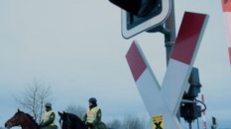Auch Pferde: Hoch zu Ross sichert die Polizei bei Lubmin die Castor-Gleise. dpa