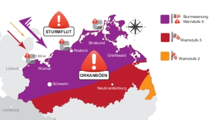 In Rostock wird es stürmisch: Die Grafik zeigt, wo es heute Orkanböen geben wird.  Die Farbe Lila steht für Warnstufe 4, Rot für Warnstufe 3 und Gelb für Warnstufe 2.  Grafik: Beate Schellpfeffer 