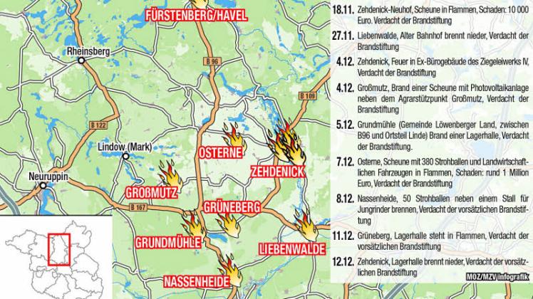 Im Überblick: Die Brände des Feuerteufels in Oberhavel Grafik: Jörn Sandner 
