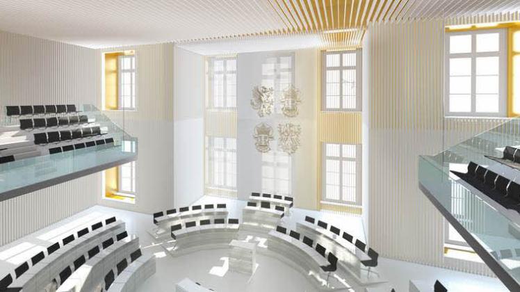 Der künftige Plenarsaal des Landtages von Mecklenburg-Vorpommern: Direkt am Fenster sitzt das Präsidium, davor befinden sich die  Regierungsbänke und das Rednerpult.  Die Plätze der Abgeordneten sind in einem offenen Kreis angeordnet. Oben befinden sich die Emporen, von denen aus   Besucher die Debatten verfolgen können 