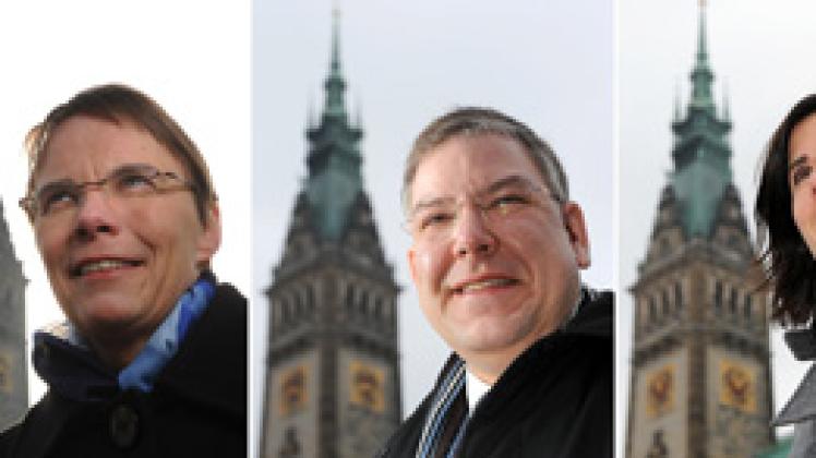 Die fünf Spitzenkandidaten für die Bürgerschaftswahl (v.li.): Olaf Scholz (SPD), Anja Hajduk (GAL), Christoph Ahlhaus (CDU), Katja Suding (FDP) und Dora Heyenn (Die Linke). Fotos: dpa