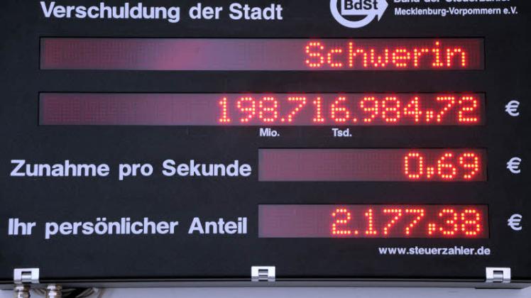 Schwerins Schuldenuhr im Stadthaus: Der Schuldenberg ist innerhalb der vergangenen zwölf Monate unter 200 Millionen Euro gefallen. Doch er wächst rasant weiter. 