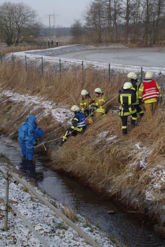 In Schutzanzügen überprüften Feuerwehrleute den Zufluss in den Flottbek.