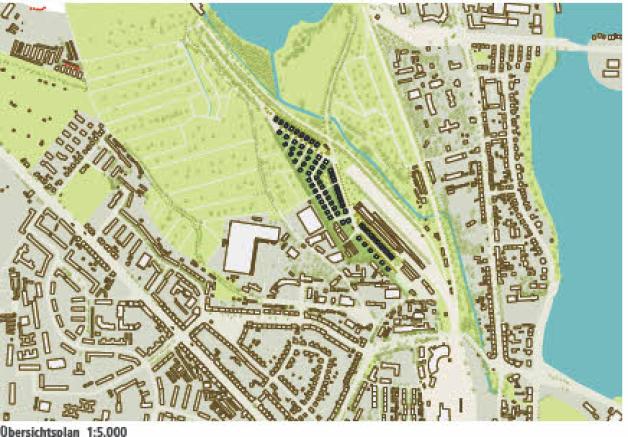 „Entwicklung des ehemaligen Güterbahnhofs zum neuen Stadt- und Landschaftsraum“: Oben der Medeweger, rechts der Ziegelinnensee, das L-förmige Gebäude links unterhalb der geplanten Bebauung zeigt das einstige KIW-Vorwärts-Gelände. „Entwicklung des ehemaligen Güterbahnhofs zum neuen Stadt- und Landschaftsraum“: Oben der Medeweger, rechts der Ziegelinnensee, das L-förmige Gebäude links unterhalb der geplanten Bebauung zeigt das einstige KIW-Vorwärts-Gelände.