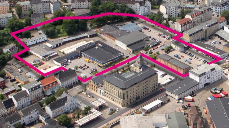Großflächig will die Stadt das Viertel an der Neustadt erneuern; die Linie in Pink zeigt die Grenzen des Bebauungsplans. 