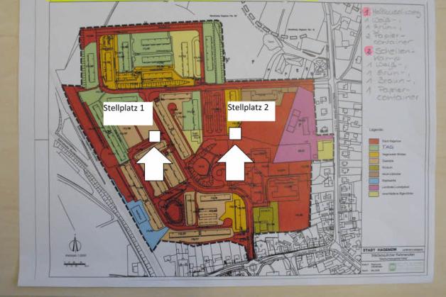 Die neuen Standorte der Containerplätze: am Hellbuschweg (Stellplatz 1) und am Schallenkamp (Platz 2).  Zeichnung: Stadt Hagenow 