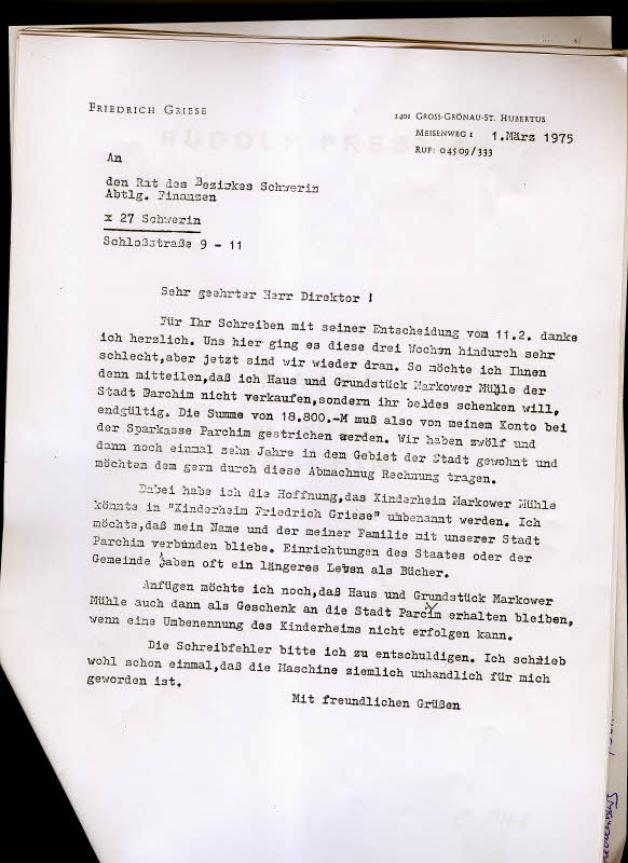 Mit diesem Brief übergibt Friedrich Griese 1975 die Markower Mühle an die Stadt Parchim.