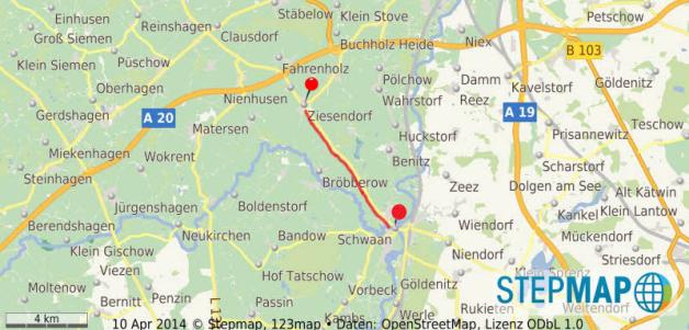 Die Verbindung  zwischen Schwaan und Ziesendorf steht jetzt auf dem Plan für den Radweg-Ausbau.  Grafik: stepmap 