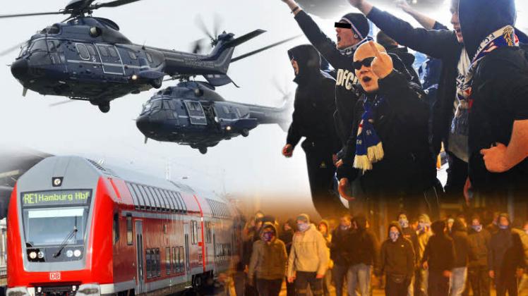 Die hässliche Seite des Fußballs:  Um Fan-Lager in Schwerin zu trennen, mussten  Hubschrauber eingesetzt werden. Fotos: dpa/ARCHIV 