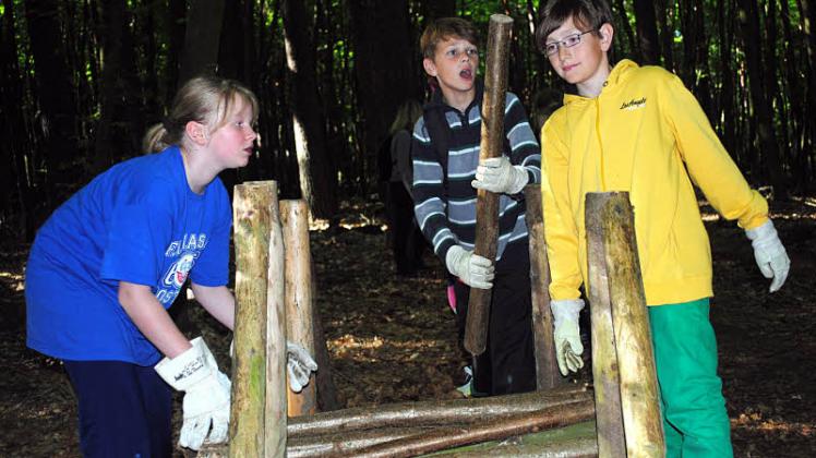 Nele Wille, Pascal Wendt und Hannes Jesse (v.  l.) aus der 4c der Güstrower Grundschule am Inselsee stehen am Ende der Kette und stapeln das Holz exakt. Nach sechs Stationen stand die Klasse als Tagessieger fest.   