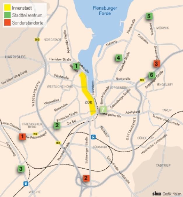 Flensburg: Fußgängerzone, Einkaufszentren, Stadtteilzentren. Flensburg: Fußgängerzone, Einkaufszentren, Stadtteilzentren.