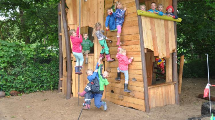 Die Mädchen und Jungen des Montessori-Kinderhauses in Ludwigslust toben gern auf dem neuen Baumhaus.  