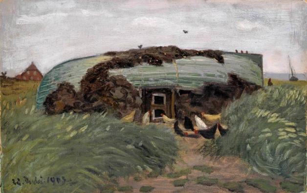 Das zum Hühnerstall umfunktionierte Hügelgrab mit einem Boot als Dach  faszinierte Otto Modersohn.  
